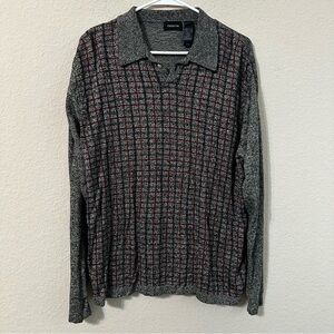 Claiborne Gray Red Black Plaid Space Dyed Knit  Long Sleeve Polo Sweater